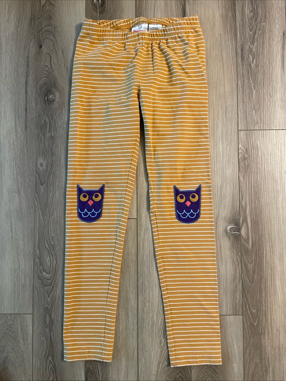 Hanna Andersson Girl’s 12 Yellow and White Striped Leggings Purple Owl Patches